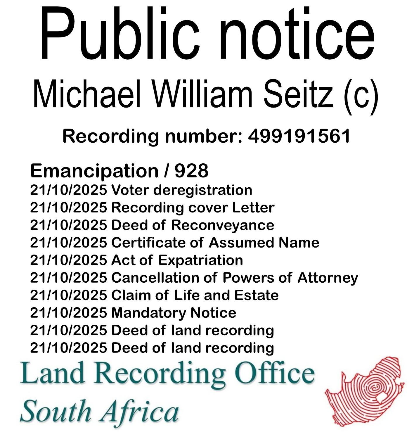 Public notice Michael William Seitz Recording number 499191561